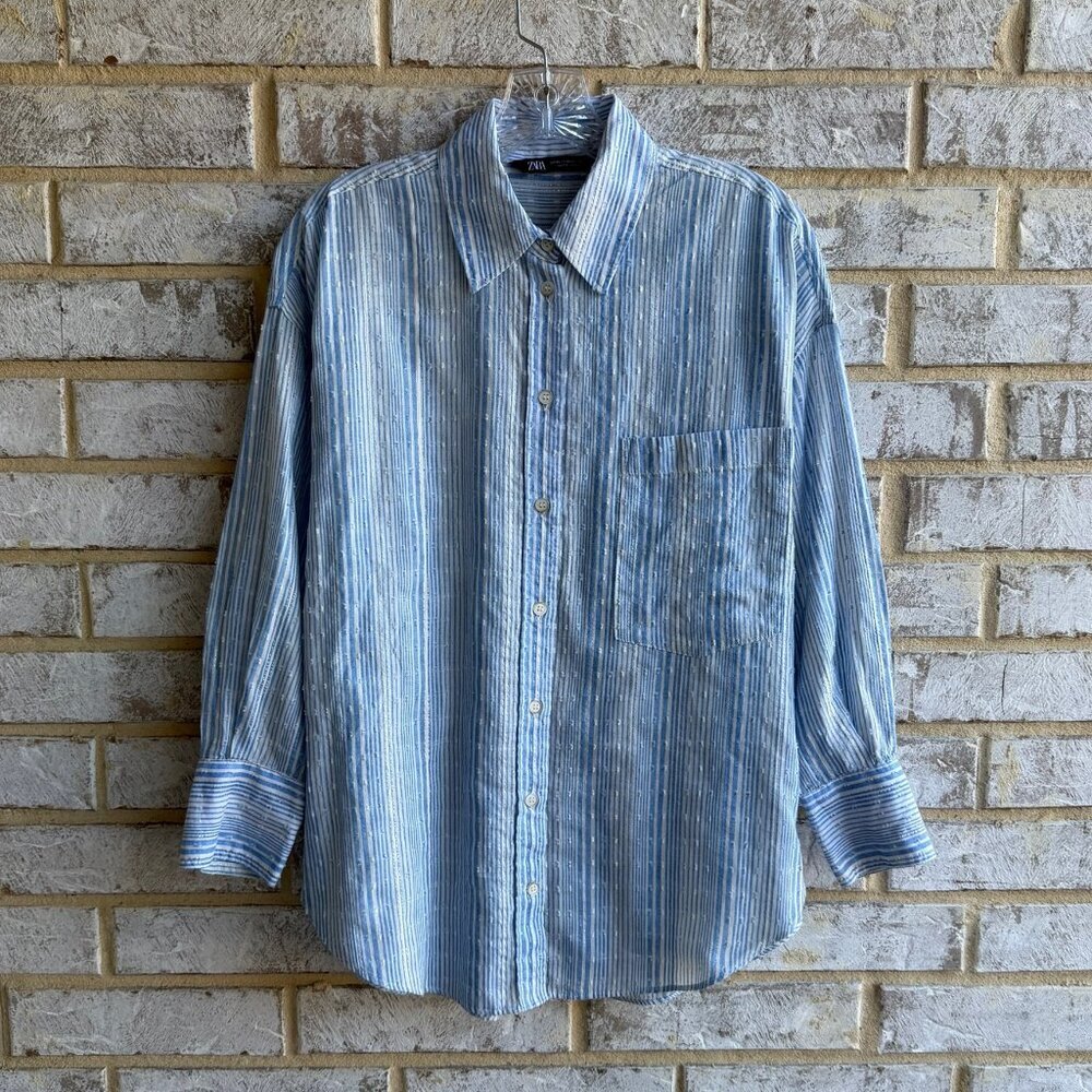ZARA Blue/White Striped Long Sleeve Button Front Sheer Shirt Size XS.